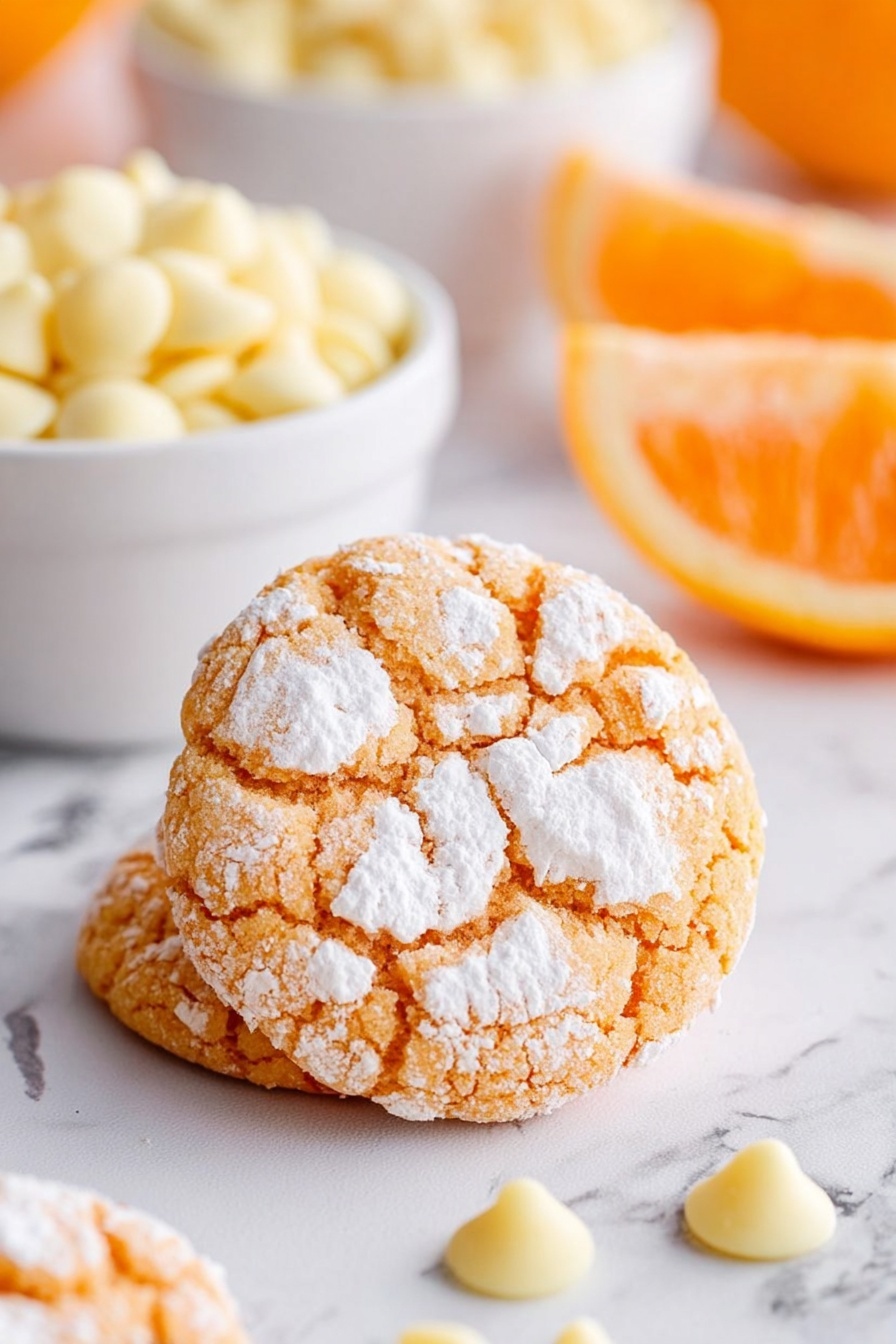 The image shows several round orange cookies with a cracked white powdered sugar layer on top, giving a cracked texture with bright orange peeking through. The cookies are placed on a white marbled surface, scattered with small white chocolate chips. There are also bright orange slices and wedges placed around the cookies, adding fresh color contrast. The overall scene looks fresh and inviting, with the cookies having a soft, slightly rough texture. photo taken with an iphone --ar 2:3 --v 7