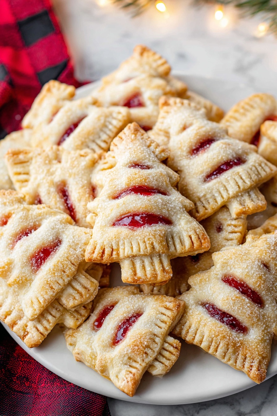 A white plate filled with many small hand pie pastries shaped like Christmas trees and rectangles, each with a golden-baked crust that looks flaky and slightly shiny. The top layer of dough has several small slits through which bright red fruit filling peeks out. The edges of each pie are pinched and crimped tightly, adding texture, and the crusts are sprinkled with coarse sugar granules that sparkle in the light. The plate sits on a white marbled surface, and in the background, there is a hint of a red and black checkered cloth along with some soft, warm holiday lights. Photo taken with an iphone --ar 2:3 --v 7