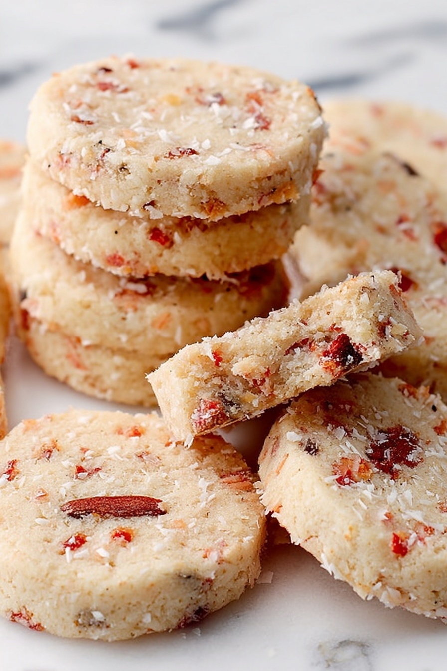 A red round tin filled with round cookies stacked in two layers, each cookie showing a light beige color dough with small pieces of red, green, and brown bits mixed inside. The cookies have a rough edge texture. Inside the tin, white parchment paper lines the base and sides. The tin sits on a white marbled surface and is surrounded by three Christmas ornaments: one red, one green, and one gold. A small Santa Claus toy stands leaning against the side of the tin. Photo taken with an iphone --ar 2:3 --v 7