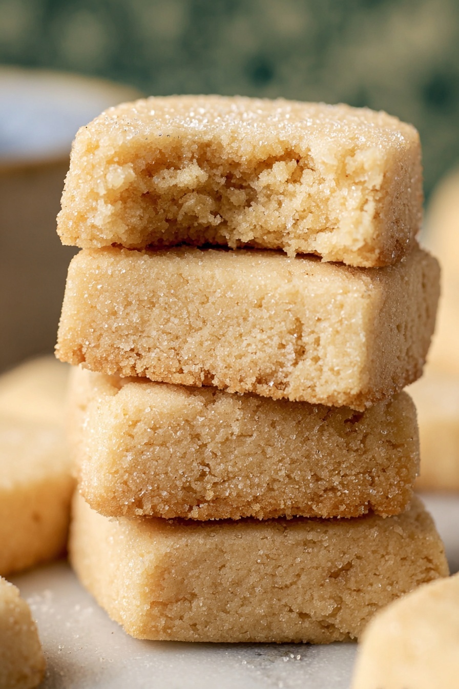 The image shows a close-up view of four stacked shortbread cookies on a white marbled surface. The bottom cookie is fully visible, with a smooth and crumbly light golden texture. Two cookies are stacked on the bottom one, each with a soft sandy color and slightly rough edges. On top, the uppermost cookie is bitten on one edge revealing a crumbly, dense inside texture that is lighter in color, showing the soft, fine crumbs inside. The cookies shine slightly as if sprinkled with granules of sugar on top, giving a gentle sparkle to the smooth surfaces. The background is softly blurred with muted green shapes, keeping focus entirely on the stacked cookies. photo taken with an iphone --ar 2:3 --v 7