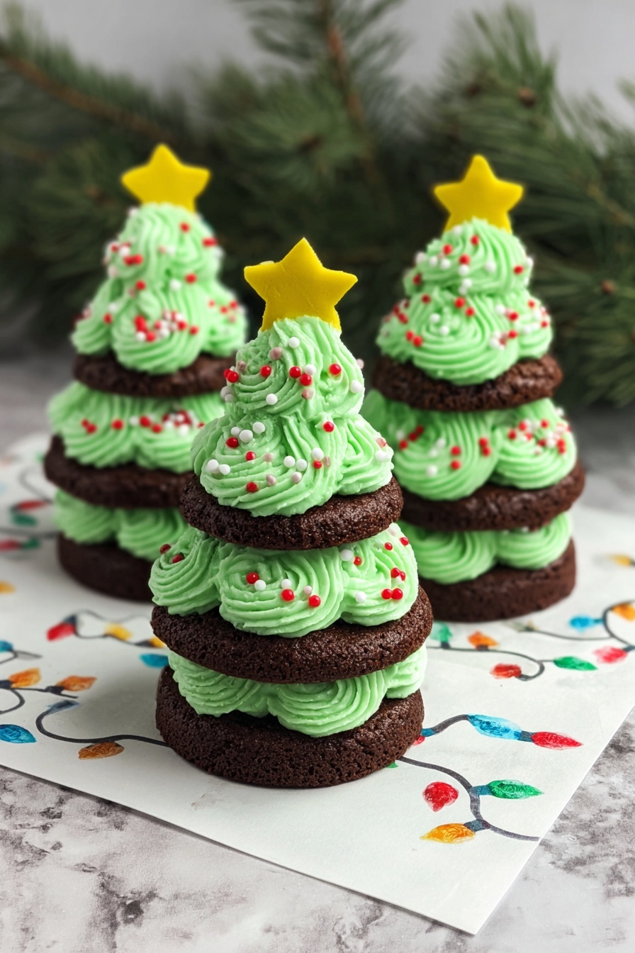 Three small Christmas tree-shaped desserts are shown on a white marbled table. Each dessert has three layers of round, dark brown cake stacked on top of each other. Between and on top of each cake layer, there is bright green frosting that looks like swirled Christmas tree branches. The frosting is decorated with tiny red, white, and green round sprinkles, and a small yellow star sits on the very top of each tree. Behind the desserts, there is some green pine tree branches. The desserts rest on a piece of paper decorated with colorful Christmas light drawings. Photo taken with an iphone --ar 2:3 --v 7