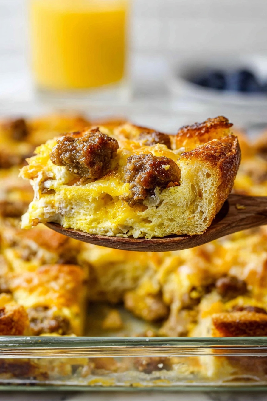 A wooden spoon holds a thick slice of a layered baked dish with a golden crust. The top layer has browned, chunky pieces of sausage with a rough texture. Beneath this is a soft, yellow layer that looks like cooked egg mixed with chunks of fluffy bread, which are light brown on the edges and creamy inside. The slice is lifted above a glass baking dish filled with the same baked casserole, showing similar uneven layers of sausage, melted cheese, and bread pieces in a creamy yellow base. Everything sits on a white marbled surface, with a blurred glass of orange juice and some blueberries in the background. photo taken with an iphone --ar 2:3 --v 7
