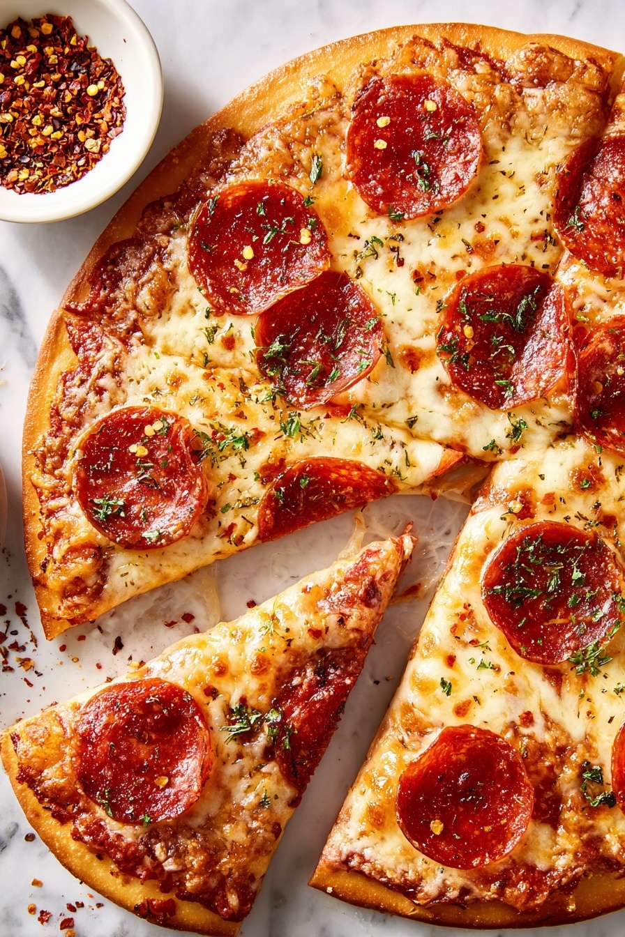 A round pepperoni pizza is shown sliced into four pieces on a white marbled surface. The crust is golden brown and slightly crispy around the edges. The bottom layer is a thin reddish tomato sauce, topped with a thick layer of melted light yellow and white cheese that looks soft and melted. On top of the cheese are large, round, red pepperoni slices that glisten slightly with oil, scattered evenly over the pizza. Small green herb bits are sprinkled across the pizza, adding contrast. Next to the pizza is a small white bowl filled with red chili flakes. One slice is slightly pulled away from the main pizza, showing the layers clearly. Photo taken with an iphone --ar 2:3 --v 7