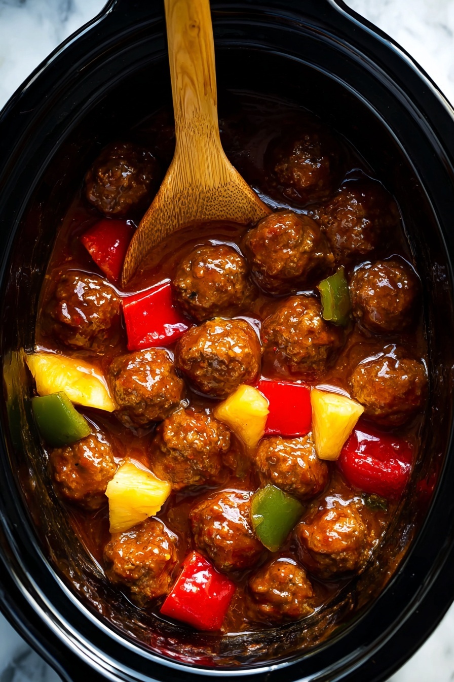 The image shows a black slow cooker filled with about three layers of shiny, brown meatballs covered in a glossy, thick brown sauce. Mixed within and on top of the meatballs are chunks of bright red bell peppers, yellow pineapple pieces, and green bell peppers, adding pops of color. A wooden spoon rests inside the cooker, partially covered in the sauce. The background and surface are a white marbled texture. photo taken with an iphone --ar 2:3 --v 7