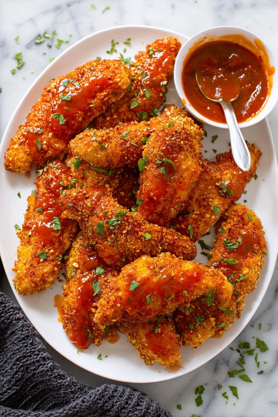 The image shows several pieces of crispy fried chicken on a white plate, each piece coated with a crunchy, golden-brown crust. The chicken is covered with a shiny, reddish-orange sauce that makes it look juicy and flavorful. Small pieces of chopped green onions are sprinkled over the top, adding bright green color contrast. The plate sits on a surface with a white marbled texture, and there is some sauce pooled lightly around the chicken pieces, enhancing the appetizing look. photo taken with an iphone --ar 2:3 --v 7