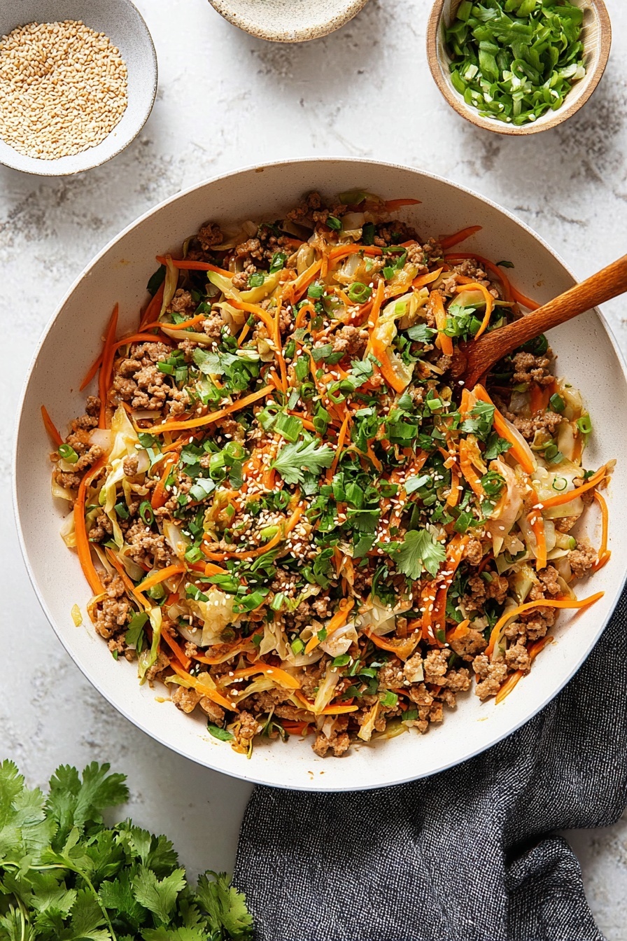 A white bowl filled with a cooked mixture that has three main layers: the bottom layer shows light brown minced meat, mixed with thin, orange carrot strips, and light tan shredded cabbage. The middle layer has a blend of chopped green onions and fresh green cilantro leaves spread on top, with some sesame seeds sprinkled all over. A wooden spoon rests on the right side inside the bowl, partially covered by the mixture. Surrounding the bowl, on a white marbled surface, are small bowls with sesame seeds and fresh cilantro. A gray cloth is placed near the bottom right corner. The photo taken with an iphone --ar 2:3 --v 7