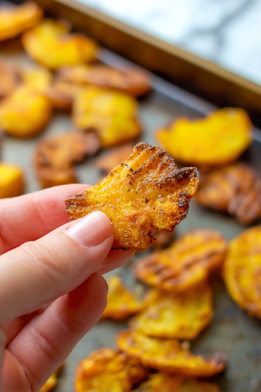 A close-up image shows a woman's hand holding a small, golden-brown piece of cooked food that has a slightly crispy texture with visible seasoning and gentle ridges across the surface. In the blurred background, several more pieces of similar cooked food in varying golden and brown shades are scattered on a dark tray. The overall scene sits on a white marbled surface, giving a clean and fresh look. photo taken with an iphone --ar 2:3 --v 7