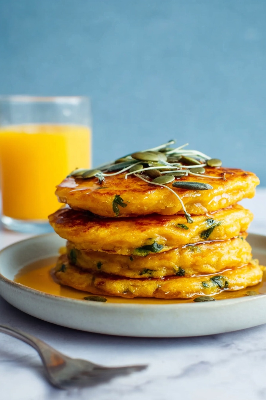 A stack of four thick golden-yellow pancakes with visible green herbs cooked inside, placed on a white plate. The pancakes have a slightly crispy texture on the edges and are glazed with a shiny syrup. The top pancake is sprinkled with green pumpkin seeds and thin light green vegetable strips. Behind the plate, there is a glass of bright orange juice, and a silver fork is lying on the white marbled surface next to the plate. The background is a soft blue color. Photo taken with an iphone --ar 2:3 --v 7