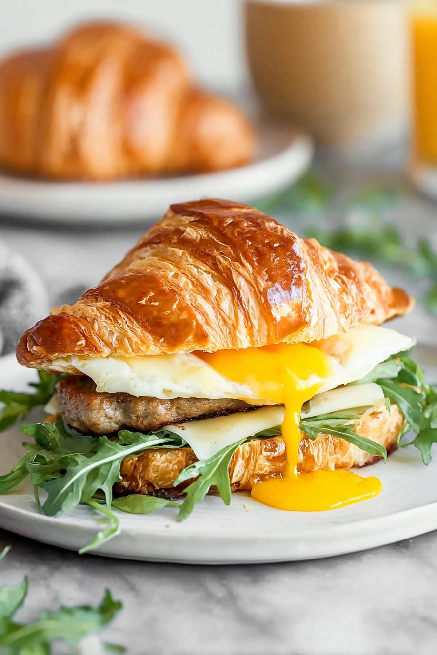A croissant sandwich sitting on a white plate on a white marbled surface, with a layer of fresh green arugula at the bottom, followed by a round cooked sausage patty, a layer of melted yellow cheese, and a fried egg with a runny bright yellow yolk dripping down the side. The croissant has a shiny golden-brown crust with visible flaky layers. In the background, there is another white plate holding a plain croissant and a beige bowl partially blurred. Photo taken with an iphone --ar 2:3 --v 7