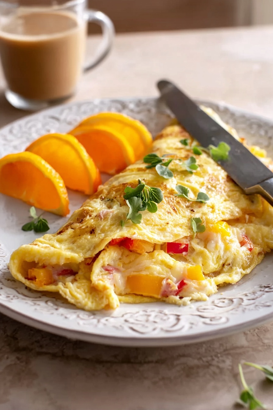 An omelet with soft, golden-yellow egg layers folded over a filling that includes small pieces of red bell pepper and chunks of pale yellow potato. The omelet is placed on a white plate with some green herbs on top, and beside it are bright orange wedges. In the background, there is a blurry glass of iced coffee. The whole scene is set on a white marbled surface. photo taken with an iphone --ar 2:3 --v 7