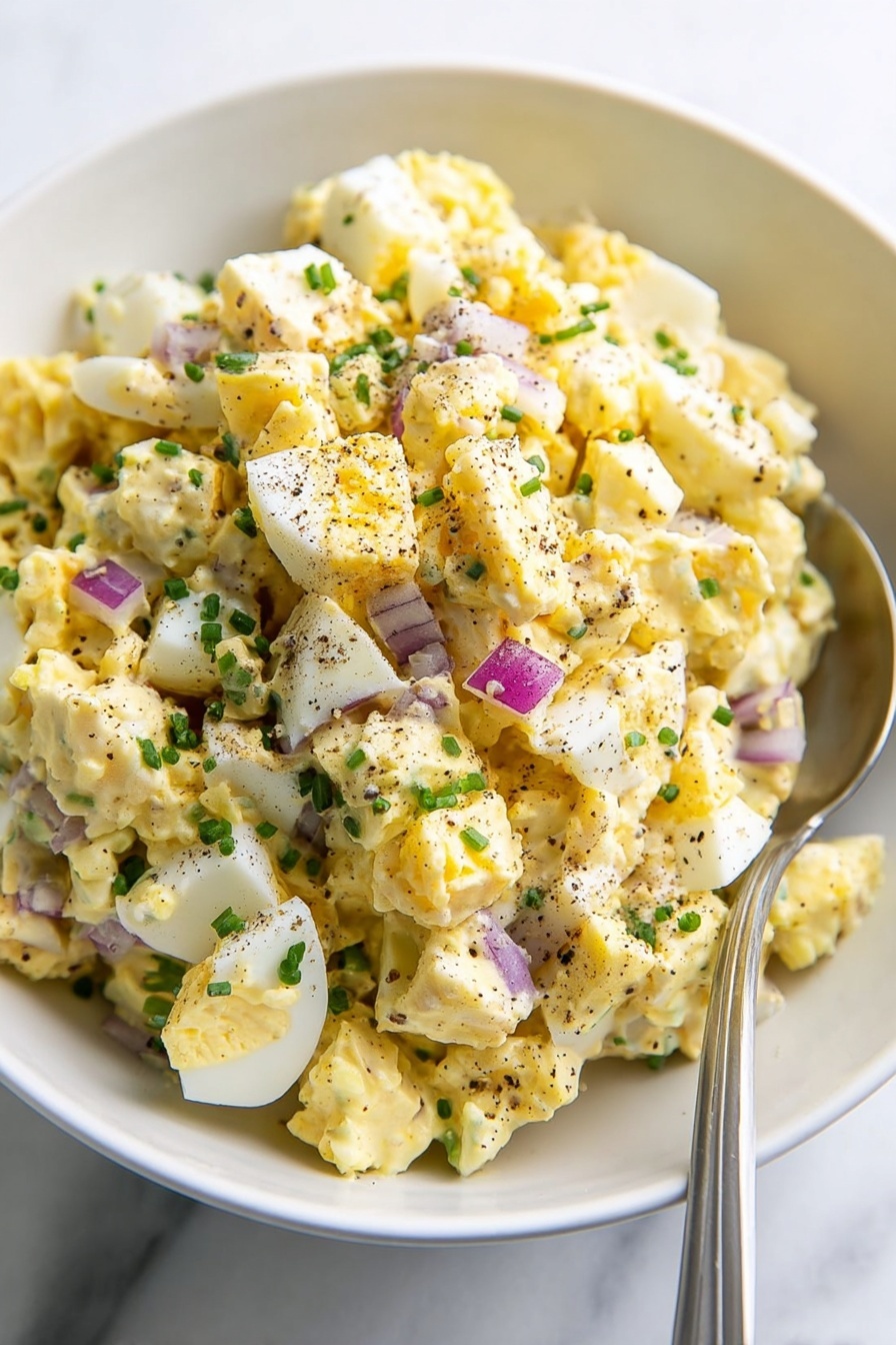 A close-up view of a white bowl filled with chopped egg salad, showing roughly three layers of diced hard-boiled eggs with yellow yolks and white edges mixed into a creamy, light yellow dressing. Scattered throughout are small pieces of red onion and finely chopped green chives, adding purple and green colors. There is a light sprinkling of black pepper on top, and a spoon is partially visible inside the bowl. The bowl sits on a white marbled surface. photo taken with an iphone --ar 2:3 --v 7
