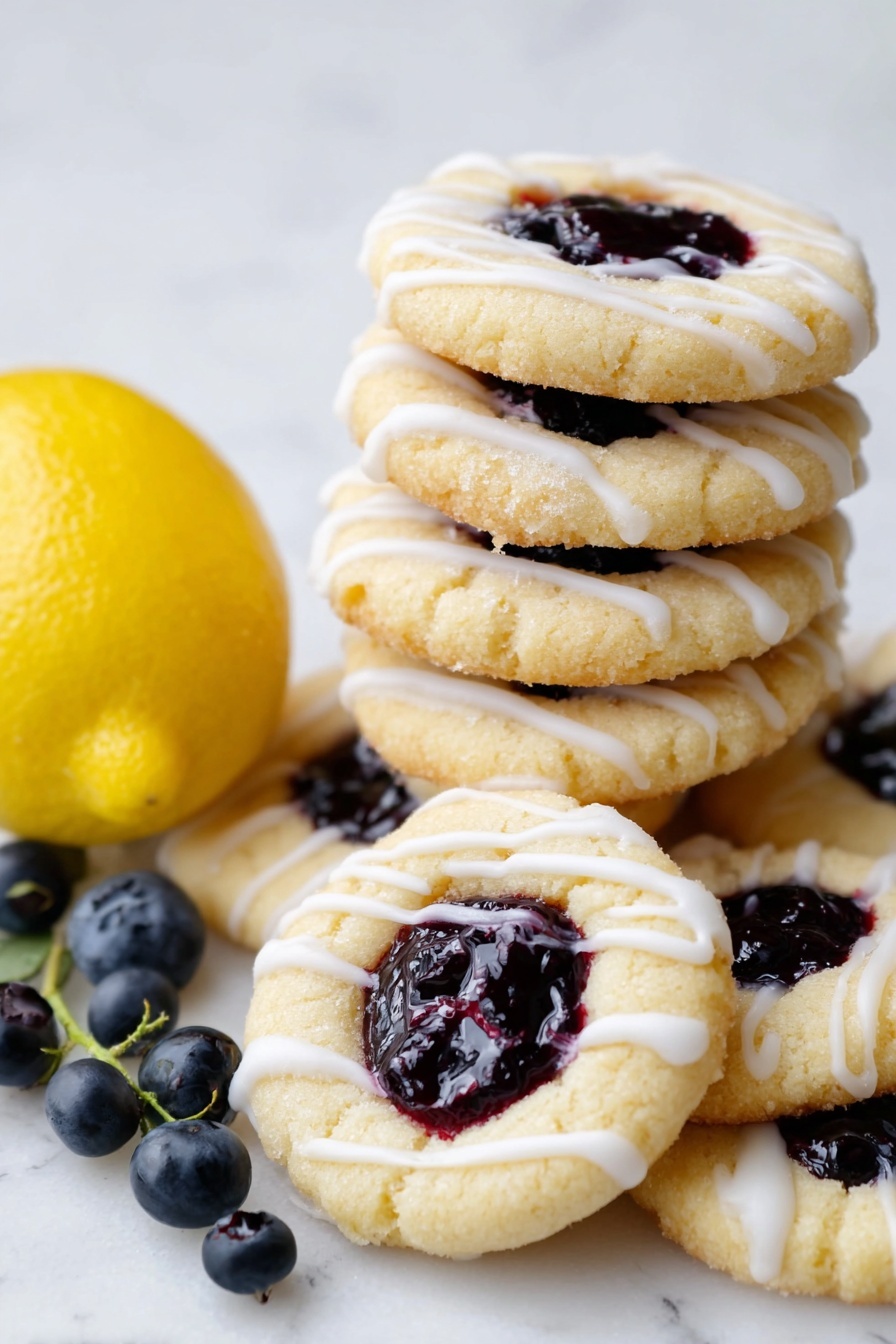 The image shows a stack of seven round cookies with a light golden color and soft texture. Each cookie has a central dark purple jam filling, shiny and glossy, sitting in a small round depression at the center. There are white icing stripes drizzled diagonally over the cookies, adding a contrasting texture. To the left of the cookies are a bright yellow lemon and five dark blueberries scattered on a white marbled surface, with one blueberry connected to a small green stem. The overall scene is bright and clean, focused on the cookies and fruit. photo taken with an iphone --ar 2:3 --v 7