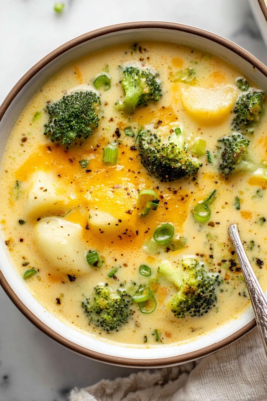 A close-up of a creamy soup in a round white bowl with a thin brown rim, showing tender green broccoli florets, soft white potato chunks, and melted orange cheese pieces floating in a thick, pale yellow broth. Small green chopped scallions and specks of black pepper are scattered over the soup. A silver spoon with a textured handle is partially dipped into the soup near the top right edge of the bowl. The bowl is placed on a white marbled surface with a soft textile cloth partly visible at the bottom right corner. Photo taken with an iphone --ar 2:3 --v 7