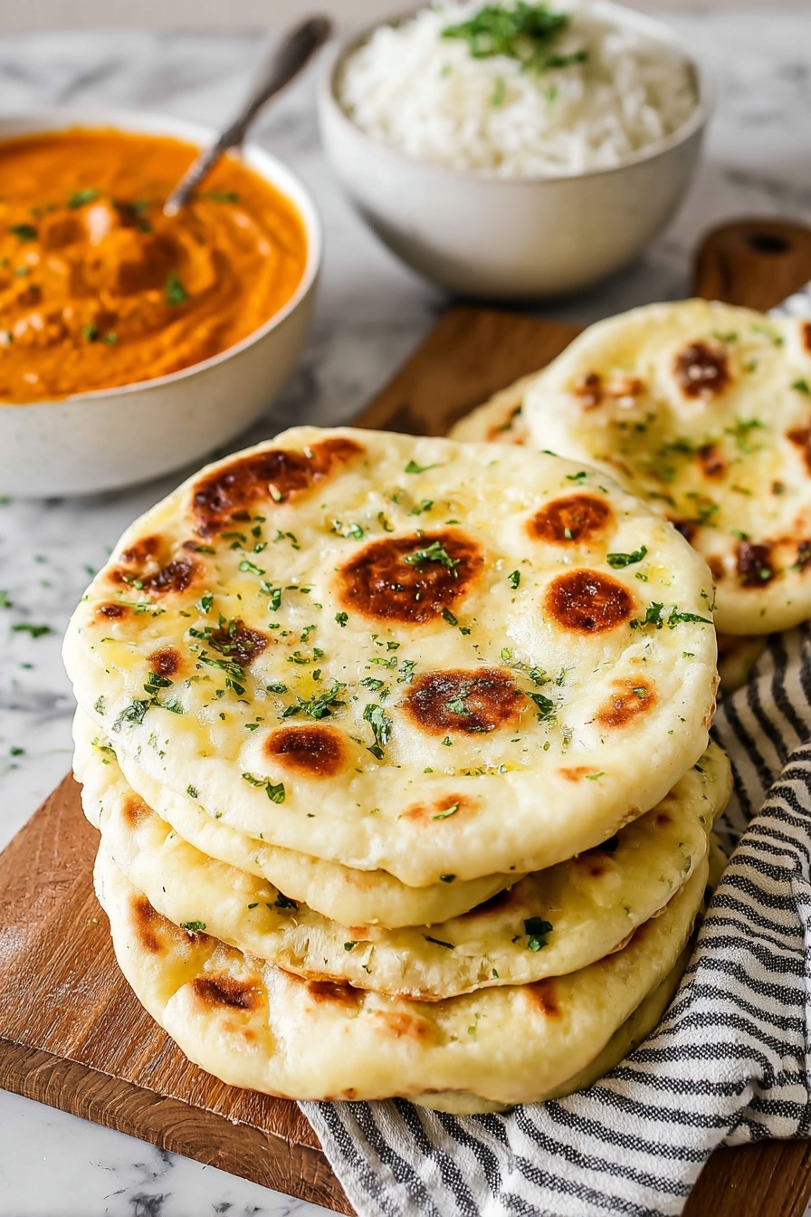 The image shows a stack of five flatbreads with golden brown spots on a white marbled surface, with one flatbread folded and placed on top. Behind the stack, there is a white bowl filled with a thick orange curry sauce, garnished with small green herbs. Further back, a wooden bowl contains white rice. The whole setup sits on a white marbled surface with a cozy and warm atmosphere. Photo taken with an iphone --ar 2:3 --v 7