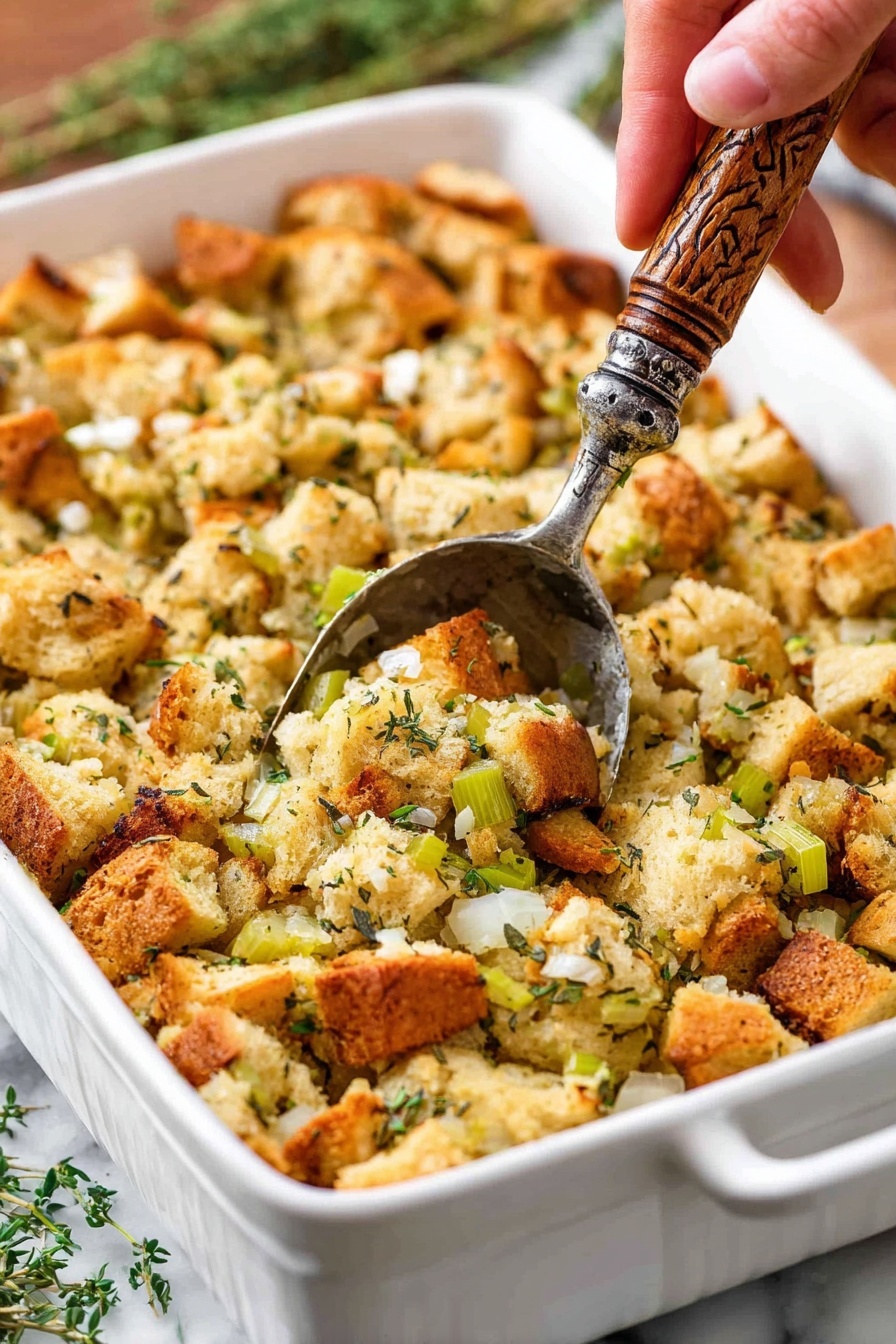 A white rectangular casserole dish filled with a mixed stuffing made of light brown toasted bread cubes, small pieces of light green celery, and bits of white onion. The stuffing is sprinkled with green herbs and looks fluffy and slightly crispy on top. A woman's hand is holding a vintage metal scoop with a carved brown wooden handle, digging into the stuffing, with the white marbled surface in the background and some fresh green herbs nearby. photo taken with an iphone --ar 2:3 --v 7