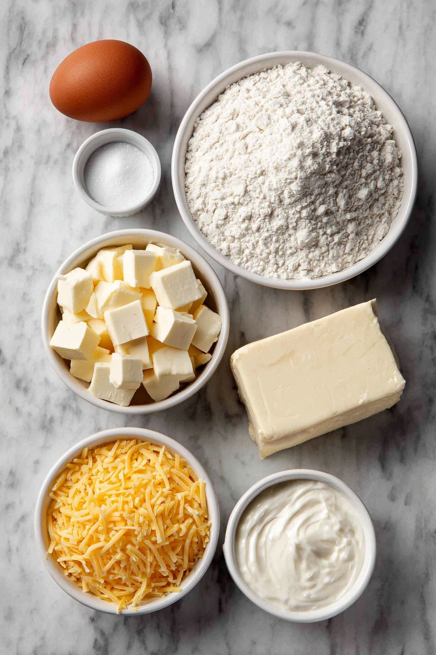 Flat lay of a small mound of all-purpose flour, a small white ceramic bowl of granulated sugar, a small white ceramic bowl of baking powder, a small white ceramic bowl of salt, several cold unsalted butter chunks with clean cut edges, a small white ceramic bowl filled with shredded cheddar cheese, a small white ceramic bowl holding heavy cream, another small white ceramic bowl with heavy cream for topping, and a small white ceramic bowl containing extra shredded cheddar cheese for topping, placed on a clean white marble surface, soft natural light, photo taken with an iPhone, professional food photography style, fresh ingredients, white ceramic bowls, no bottles, no duplicates, no utensils, no packaging --ar 2:3 --v 7 --p m7354615311229779997