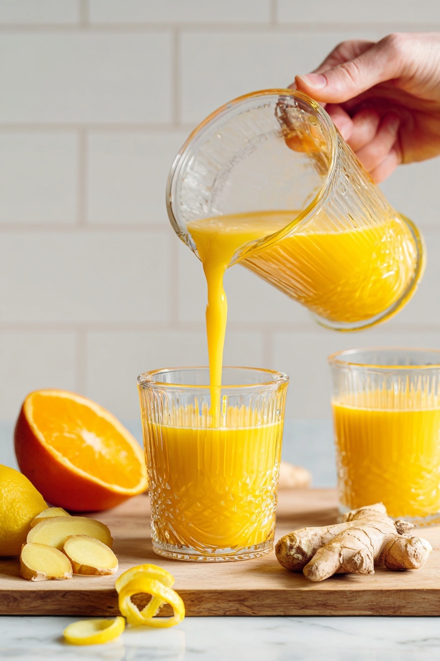 The image shows a black juicer machine on a white marbled surface with a clear glass measuring cup catching fresh orange juice dripping from the juicer's spout. To the right, there is a wooden cutting board with a coiled orange peel, half a cut lemon, and a half cut orange, all bright and fresh. To the left of the juicer, there is another clear beaker with pulp residue inside. The background is white tiled, creating a clean kitchen look. Photo taken with an iphone --ar 2:3 --v 7
