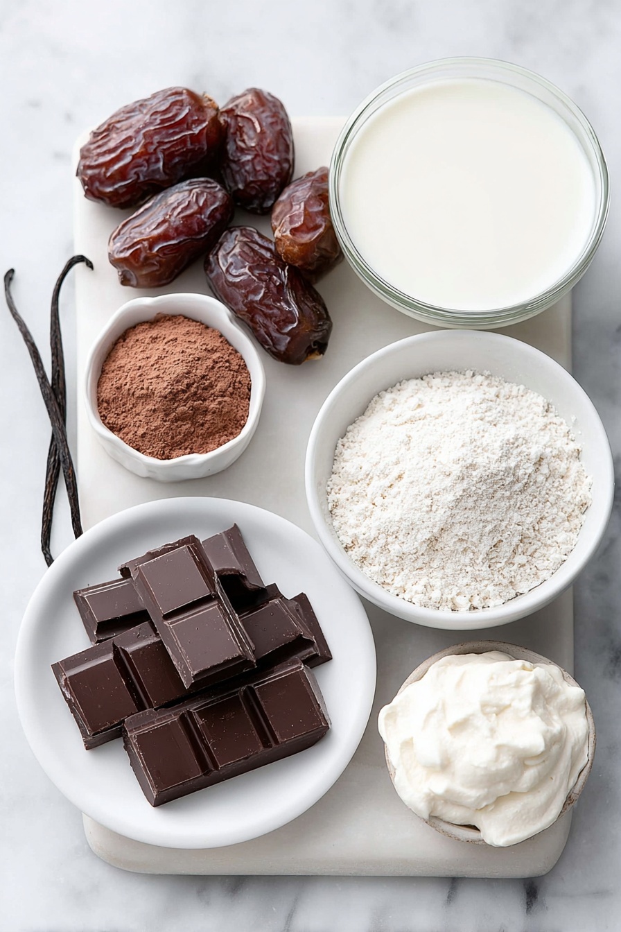 Flat lay of a small cluster of soft Medjool dates, a mound of roasted almond butter on a simple white ceramic plate, a few broken chunks of dark dairy-free chocolate arranged neatly on a white dish, a small white bowl filled with unsweetened cocoa powder, a whole vanilla bean pod next to a tiny pinch of coarse sea salt on the side, a small white bowl holding smooth unsweetened non-dairy milk, and a dollop of fluffy coconut whipped cream placed in a small white bowl, all placed on a clean white marble surface, soft natural light, photo taken with an iPhone, professional food photography style, fresh ingredients, white ceramic bowls, no bottles, no duplicates, no utensils, no packaging --ar 2:3 --v 7 --p m7354615311229779997