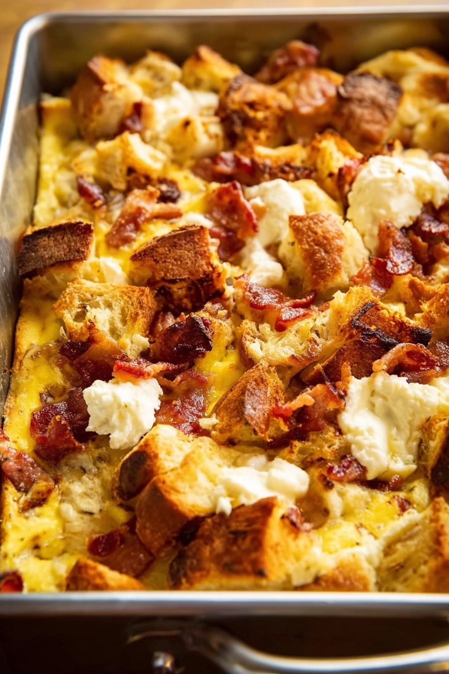 The dish is a baked casserole in a metal pan with a golden brown top layer featuring toasted bread cubes and crispy bacon pieces scattered throughout. The bread cubes have a rough texture with some darker toasted edges. There are soft dollops of white cheese or cream, slightly melted and mixed into the surface. Underneath, a creamy yellow egg mixture fills the pan, showing a smooth and slightly shiny texture. The layers blend together with a mix of crunchy and soft elements giving a warm, hearty look. photo taken with an iphone --ar 2:3 --v 7