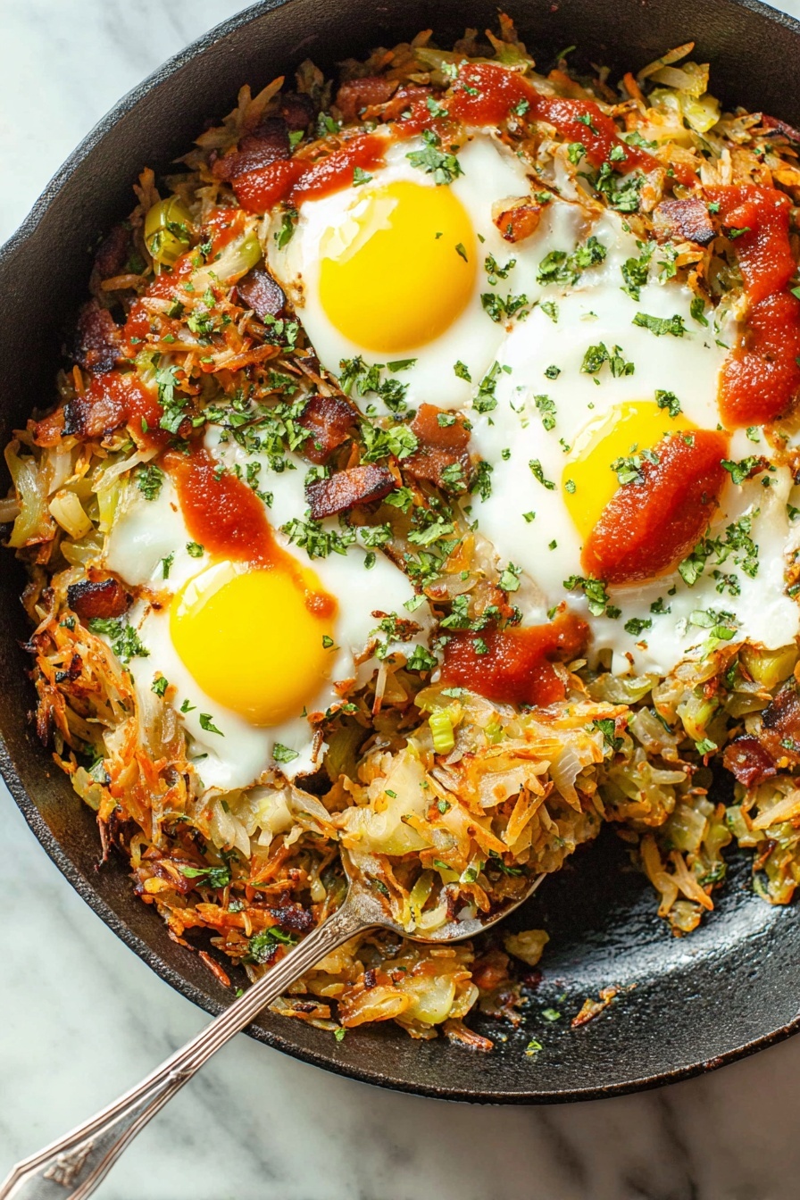 In a black cast iron pan on a white marbled surface, there is a layered dish made of a crispy, golden brown base of shredded vegetables mixed with small pieces of cooked bacon and green herbs sprinkled on top. On this base, two sunny-side-up eggs with bright yellow yolks and firm white edges sit side by side, one of them surrounded by a ring of red sauce. There is a silver fork scooping into the lower part of the dish, lifting some of the vegetable and egg mixture. The overall texture is a mix of crispy, soft, and slightly juicy, with fresh green herb bits scattered around. Photo taken with an iphone --ar 2:3 --v 7