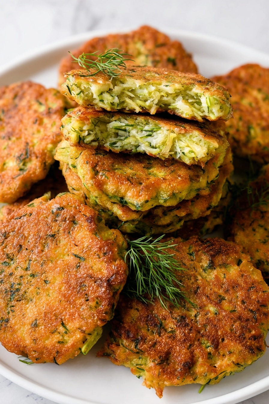 A white plate holds a stack of golden-brown fritters with small green bits visible throughout. On top, one fritter is broken in half, showing a soft, dense inside filled with shredded green vegetables. The fritters have a slightly crisp and textured surface, with some small green dill sprigs scattered for garnish. The background is a white marbled texture. photo taken with an iphone --ar 2:3 --v 7