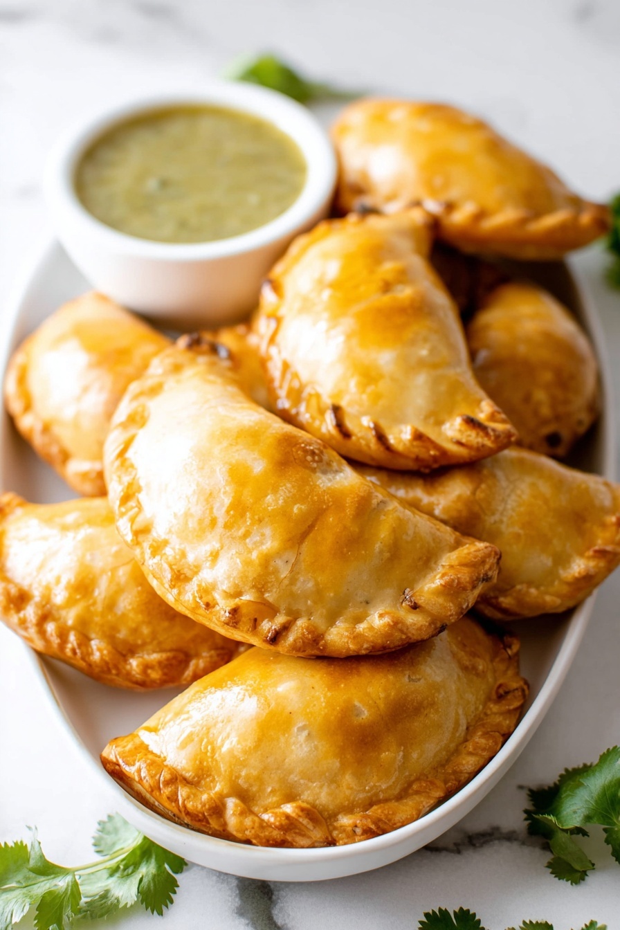 A white oval plate holds a pile of golden brown empanadas with a shiny, slightly crispy texture. The empanadas are arranged in two layers, with three in the front showing their curved, crimped edges and five slightly blurred in the back. Nestled near the back empanadas is a small white bowl filled with greenish sauce that looks smooth and creamy. The plate is on a white marbled surface with a few scattered green cilantro leaves visible around the edges. The lighting is bright and natural, enhancing the warm tones of the empanadas and the fresh look of the sauce. photo taken with an iphone --ar 2:3 --v 7