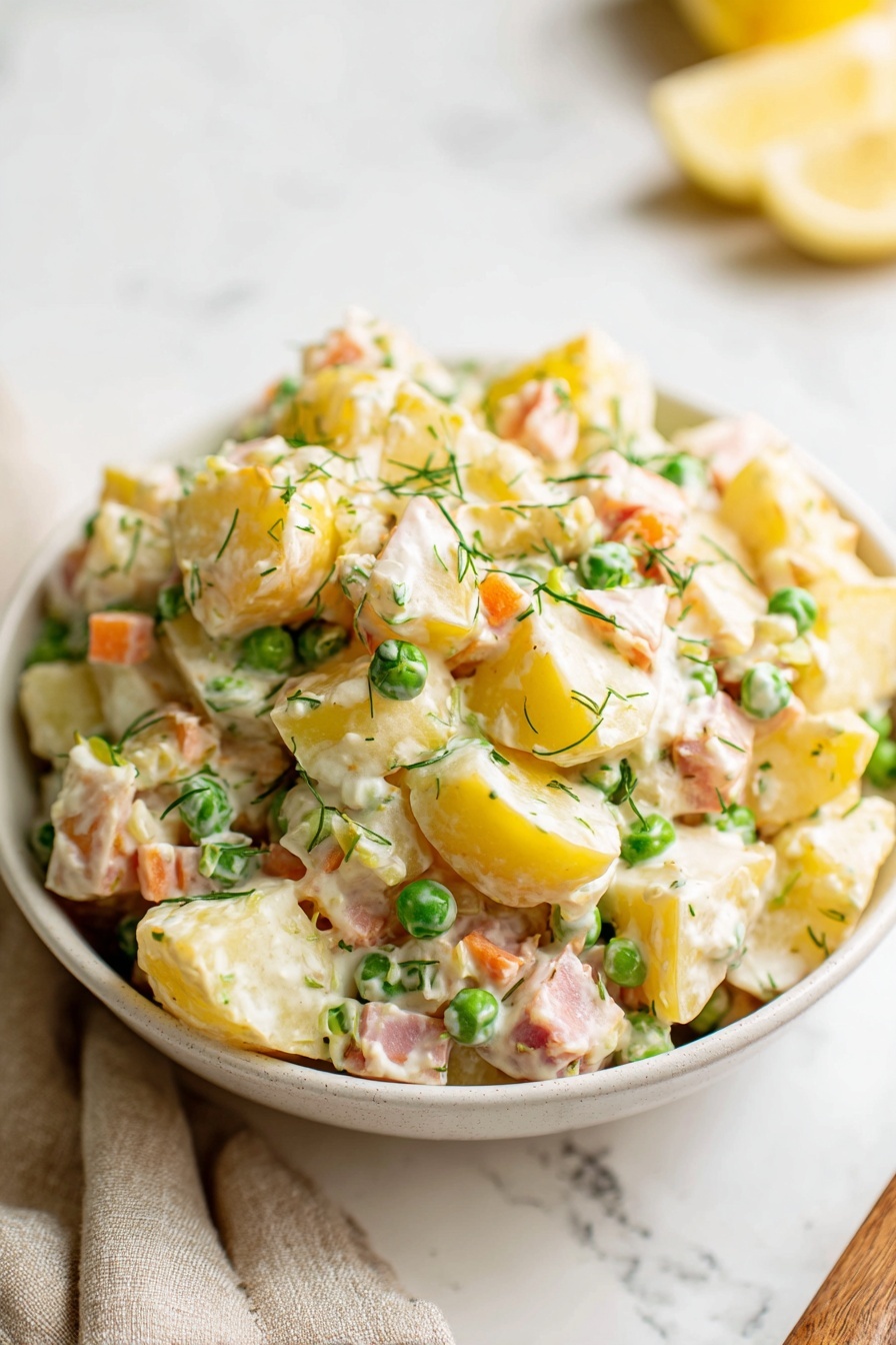A white bowl filled with a creamy potato salad, showing visible chunks of yellow potatoes mixed with small green peas, diced orange carrots, and small pieces of pink ham. The salad is coated in a smooth white dressing and is garnished with thin green herbs scattered on top. The bowl sits on a white marbled surface with a soft beige cloth partially visible on the side, and out-of-focus lemon wedges in the background. Photo taken with an iphone --ar 2:3 --v 7