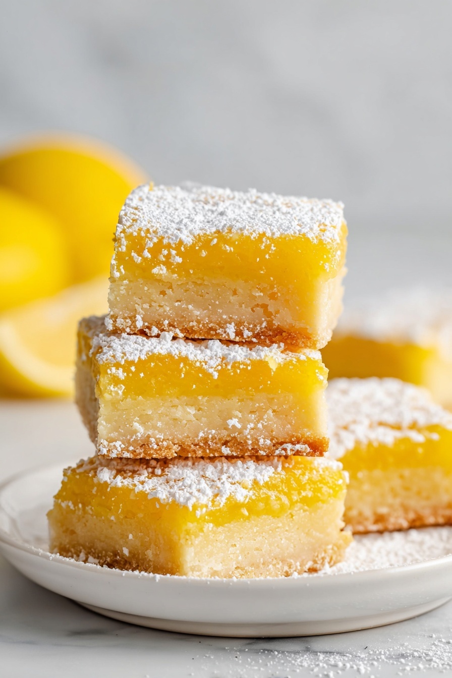 Four square-shaped lemon bars are stacked unevenly on a white plate placed on a white marbled surface. Each lemon bar has two layers: a firm, pale golden crust at the bottom and a bright, glossy yellow lemon filling on top. The top lemon layer shines with a slightly textured look. A light dusting of white powdered sugar covers the tops and edges of all the bars, giving a soft, snowy effect. In the background, blurred yellow lemons add a pop of color while keeping focus on the bars. Photo taken with an iphone --ar 2:3 --v 7