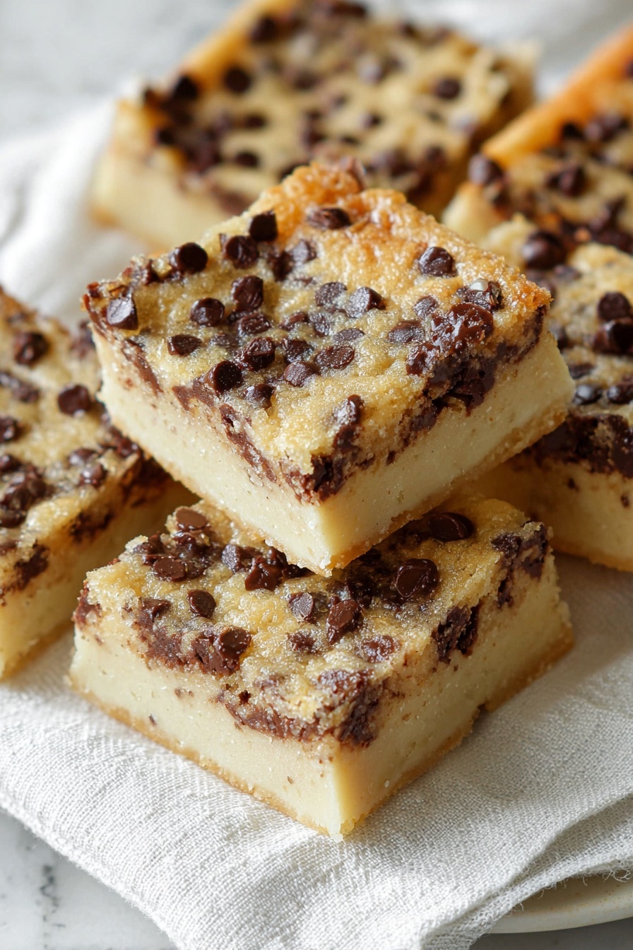 The image shows several square dessert bars placed on a white cloth over a white marbled surface. Each bar has two layers: a thick, smooth, pale beige bottom crust, and a top layer filled with a mixture of light golden batter and many small dark brown chocolate chips scattered evenly throughout. The top surface appears slightly shiny and textured with the chocolate chips creating a bumpy appearance. The bars are neatly cut into uniform squares and stacked close together. The photo taken with an iphone --ar 2:3 --v 7