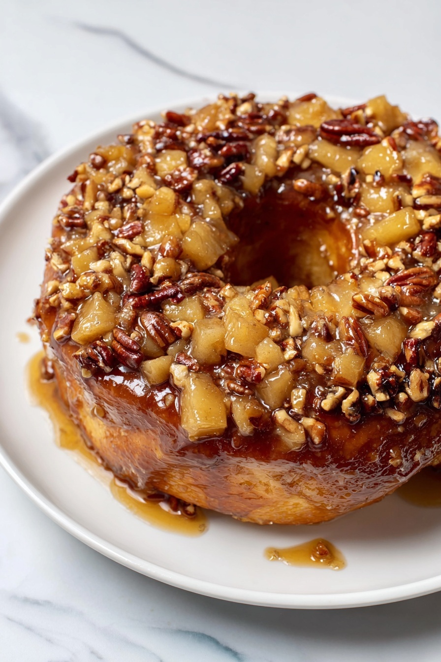 A round, shiny brown sticky roll with a hole in the middle sits on a white plate over a white marbled surface. The top of the roll is covered with two layers of chopped yellow apples and dark brown pecan nuts mixed in sticky syrup. The roll's dough underneath is golden brown and looks soft and moist, with some sticky syrup pooling slightly around the base on the plate. Photo taken with an iphone --ar 2:3 --v 7