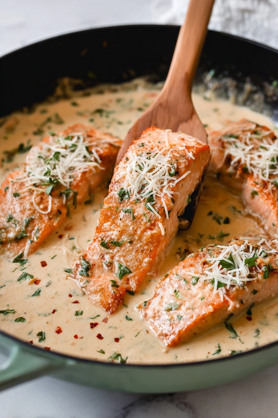 The image shows a close-up view of a black pan with a creamy sauce and four light brown salmon fillets inside it. Each salmon fillet has a slightly crispy surface with a pinkish-orange color, sprinkled with white shredded cheese and finely chopped green herbs on top. The creamy sauce is pale beige with visible small bits of herbs and some red specks, surrounding the fillets in the pan. A wooden spatula is lifting one salmon fillet from the pan. The pan is set on a white marbled surface. photo taken with an iphone --ar 2:3 --v 7