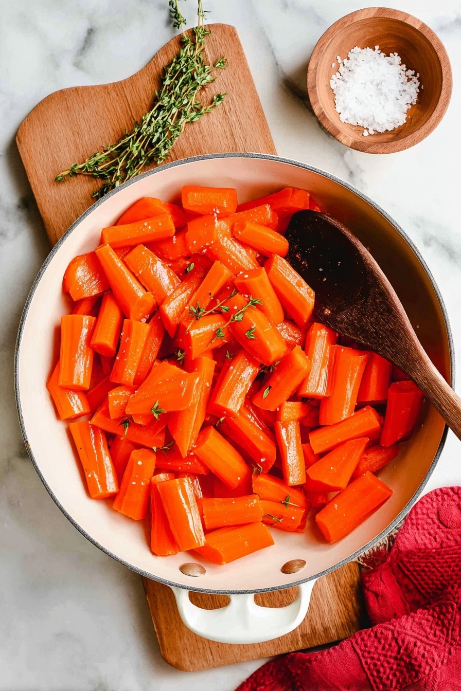 A white pan holds about three layers of bright orange carrot pieces that are shiny and cooked, each piece thick and smooth with a few small green thyme sprigs scattered on top. A wooden spatula rests in the pan, partially under some carrot pieces. The pan sits on a wooden board placed on a white marbled surface. Nearby, a small wooden bowl filled with white coarse salt and a sprig of thyme lie on the marble, and a red cloth is partly visible at the bottom right. photo taken with an iphone --ar 2:3 --v 7