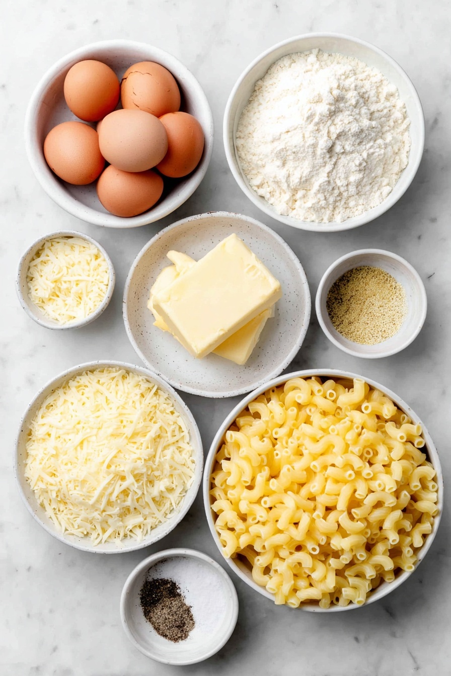 Flat lay of dry elbow macaroni noodles, a few whole brown eggs with clean shells, a small mound of all-purpose flour on a white ceramic plate, four tablespoons of salted butter in a small white ceramic bowl, a small white bowl of whole milk, a small white bowl filled with shredded sharp cheddar cheese, another small white bowl with shredded mozzarella cheese, a small white bowl of seasoned panko crumbs, a small white bowl with golden olive oil, a small white bowl containing ground black pepper, a small white bowl of salt, a small white bowl with garlic powder, a small white bowl with onion powder, and a small white bowl holding ground mustard all placed on a clean white marble surface, soft natural light, photo taken with an iPhone, professional food photography style, fresh ingredients, white ceramic bowls, no bottles, no duplicates, no utensils, no packaging --ar 2:3 --v 7 --p m7354615311229779997