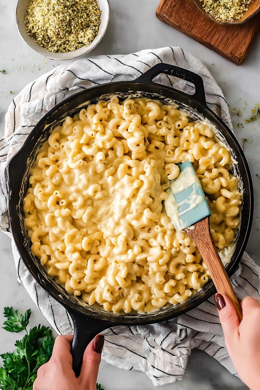 A black cast iron pan filled with soft elbow macaroni pasta mixed with thick, creamy cheese sauce in light yellow color, showing a smooth, rich texture. A woman's hand holds the pan handle on the left side while another woman's hand stirs the pasta with a wooden spatula that has a turquoise silicone head, partially covered in cheese sauce. The pan rests on a white cloth with black stripes placed on a white marbled surface. Nearby, a white bowl is filled with green herb-seasoned breadcrumbs, and a wooden cutting board is partially visible in the upper right corner. Fresh green parsley sprigs add a touch of color near the bottom left area. Photo taken with an iphone --ar 2:3 --v 7