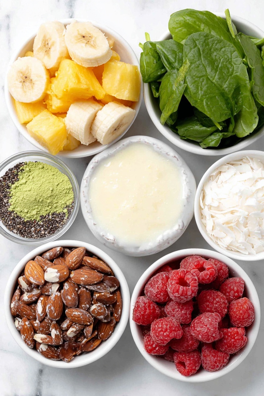 Flat lay of peeled frozen banana slices, chopped ripe pineapple chunks, a small white ceramic bowl of light coconut milk, a small white ceramic bowl of vibrant green matcha powder, a heaping pile of fresh organic spinach leaves, fresh raspberries, a small white ceramic bowl filled with white coconut flakes, a small white ceramic bowl of black chia seeds, a small white ceramic bowl of slivered roasted almonds, arranged with perfect symmetry on a clean white marble surface, soft natural light, photo taken with an iPhone, professional food photography style, fresh ingredients, white ceramic bowls, no bottles, no duplicates, no utensils, no packaging --ar 2:3 --v 7 --p m7354615311229779997