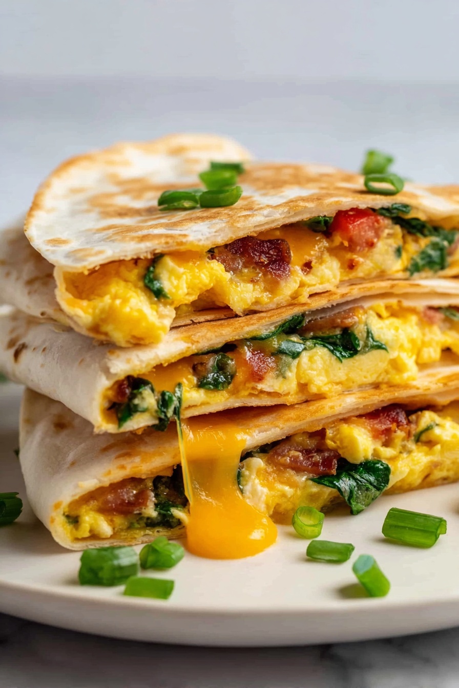 The image shows a close-up of a quesadilla cut into three stacked pieces on a white plate, set on a white marbled surface. The quesadilla has three visible layers: the outer tortilla layer is light golden brown with slight browning spots and a soft texture; the middle layer is melted yellow-orange cheese that is stretchy and glossy; the innermost layer contains scrambled eggs mixed with green spinach leaves, small bits of tomato, and hints of cooked sausage or bacon, adding red and brown colors. Some chopped green onions are sprinkled on top and around the quesadilla pieces. The photo taken with an iphone --ar 2:3 --v 7