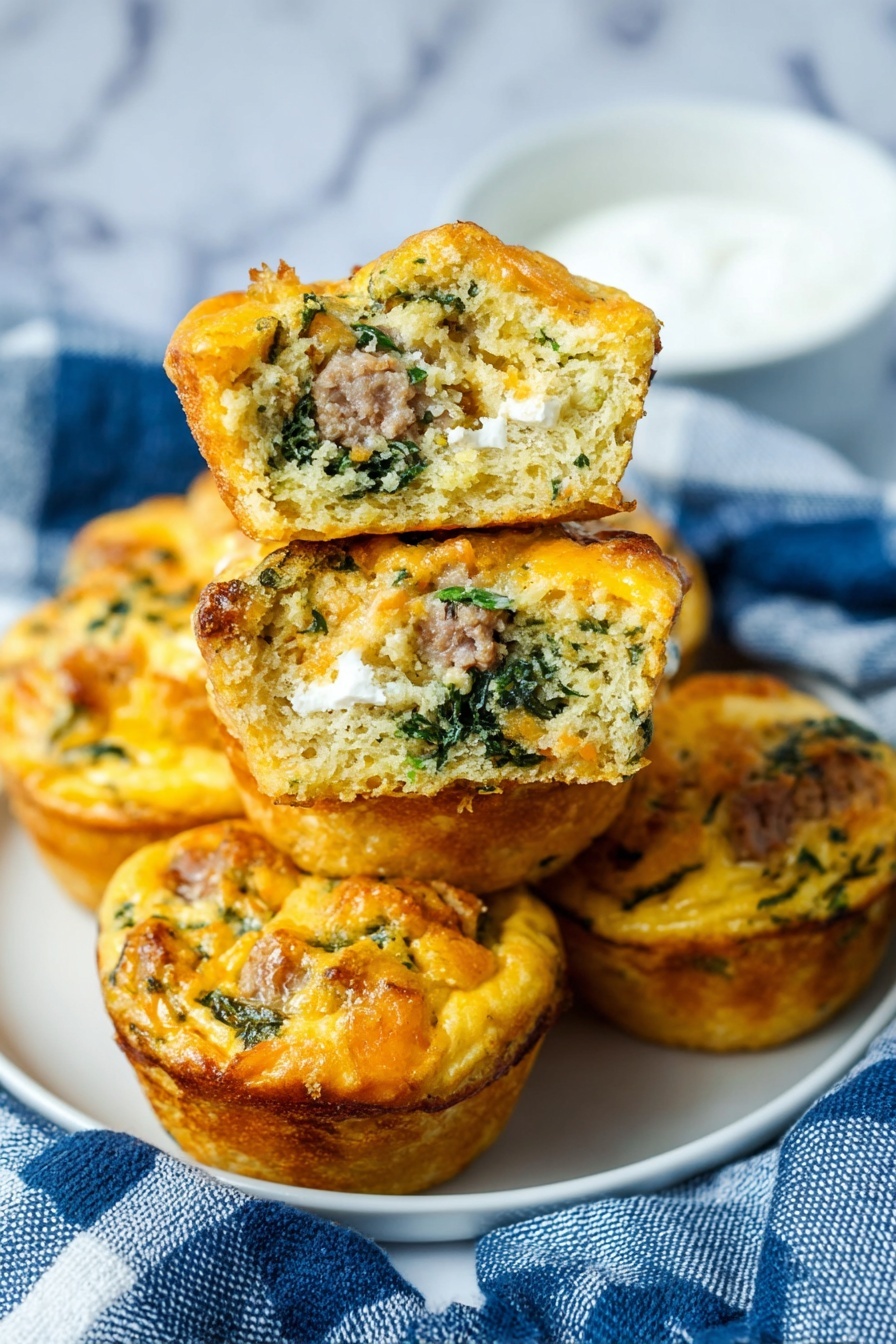 A stack of six golden-yellow muffins sits on a white plate over a blue and white checkered cloth on a white marbled surface. The top muffin is cut in half, showing a soft inside with three layers: the outer golden crust, a middle layer with light yellow dough mixed with bits of green spinach and sausages, and some melted orange cheese scattered throughout. The muffins have a slightly uneven, rustic texture with visible pieces of green herbs and sausage. On the top right, a white bowl filled with a white creamy dip is partly visible. Photo taken with an iphone --ar 2:3 --v 7