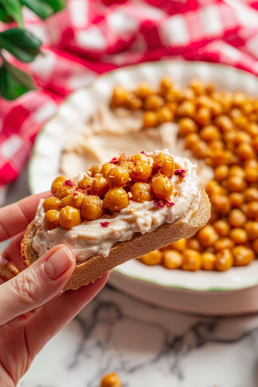 A close-up view of a woman's hand holding a piece of light beige bread topped with three layers: the bottom layer is a thick white creamy spread, the middle layer consists of small round golden-brown roasted chickpeas with a slightly shiny texture, and some red flecks. In the background, there is a white bowl filled with the same creamy spread and golden roasted chickpeas, all resting on a white marbled surface with a red and white checkered cloth partially visible. Photo taken with an iphone --ar 2:3 --v 7