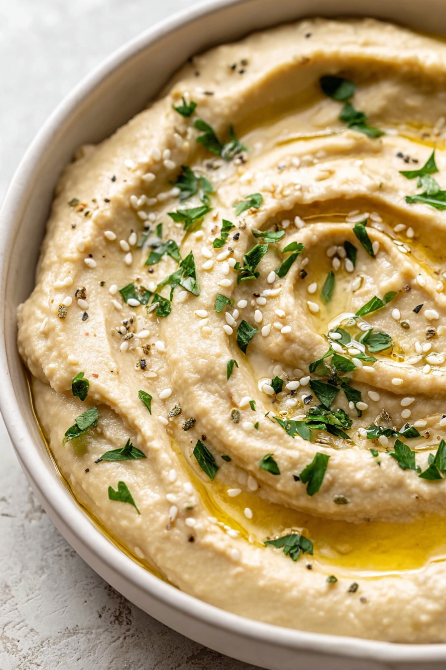 A close-up view of a creamy hummus dish in a white bowl, showing one thick layer of smooth, light beige hummus with visible creamy texture swirled on top. There is a drizzle of golden olive oil pooling in some of the swirls, sprinkled with small white sesame seeds and finely chopped fresh green parsley leaves scattered across the surface. The bowl sits on a white marbled texture background. photo taken with an iphone --ar 2:3 --v 7