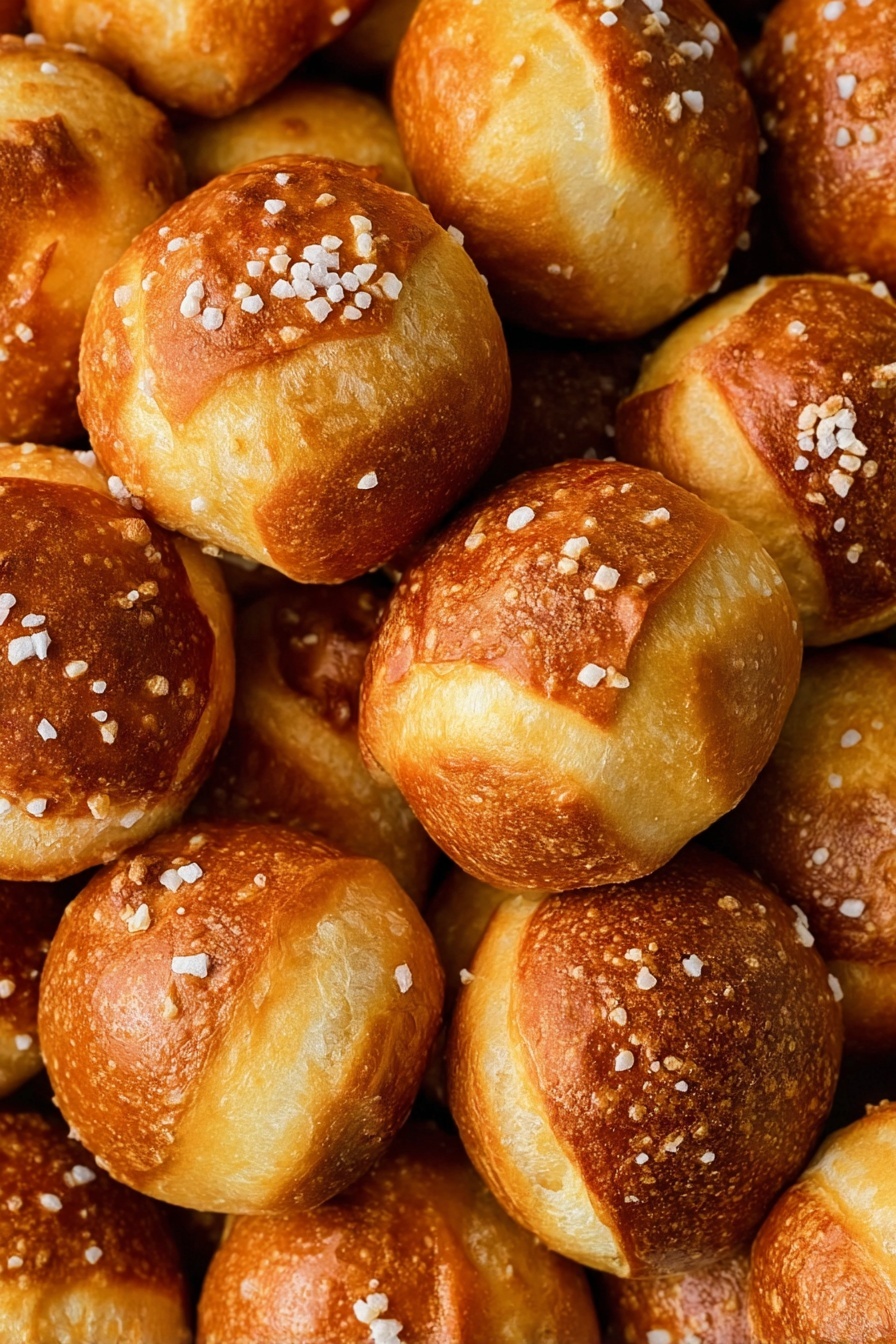 A close-up view of many small, round pretzel bites piled together, each with a shiny golden-brown crust showing light and dark brown patches with a soft texture. Some pretzel bites have coarse salt crystals sprinkled unevenly on the surface. The bites are tightly packed, filling the entire frame, highlighting their smooth and slightly cracked tops with a warm, toasted color. The background is a white marbled texture. Photo taken with an iphone --ar 2:3 --v 7