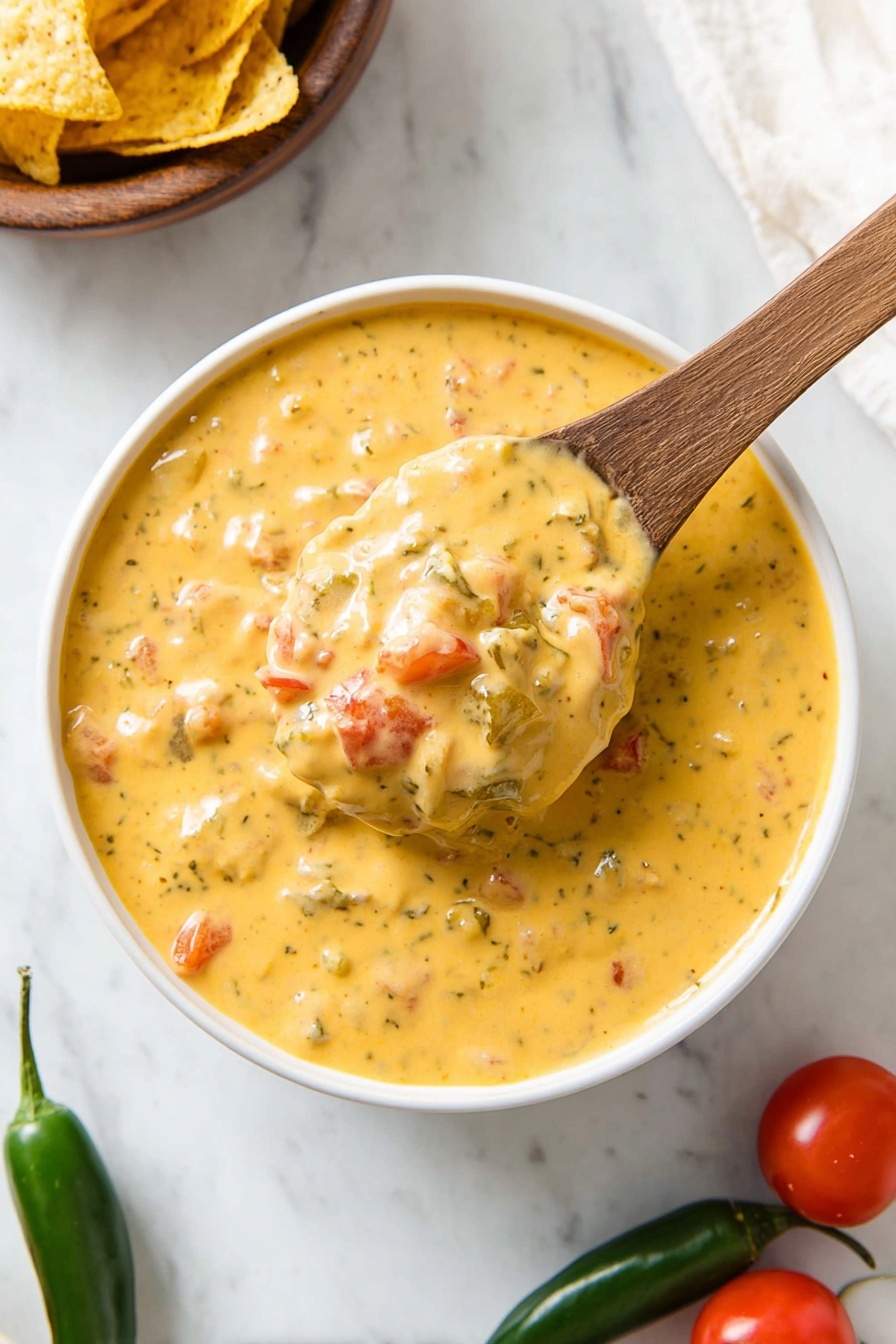 A white bowl filled with thick, creamy yellow cheese sauce that has small chunks of tomato and green herbs mixed throughout. A wooden spoon lifts a scoop of the sauce showing its smooth and chunky texture. The bowl is placed on a white marbled surface with three green chili peppers and one red tomato nearby. In the upper left corner, a brown bowl with yellow tortilla chips is partially visible. photo taken with an iphone --ar 2:3 --v 7