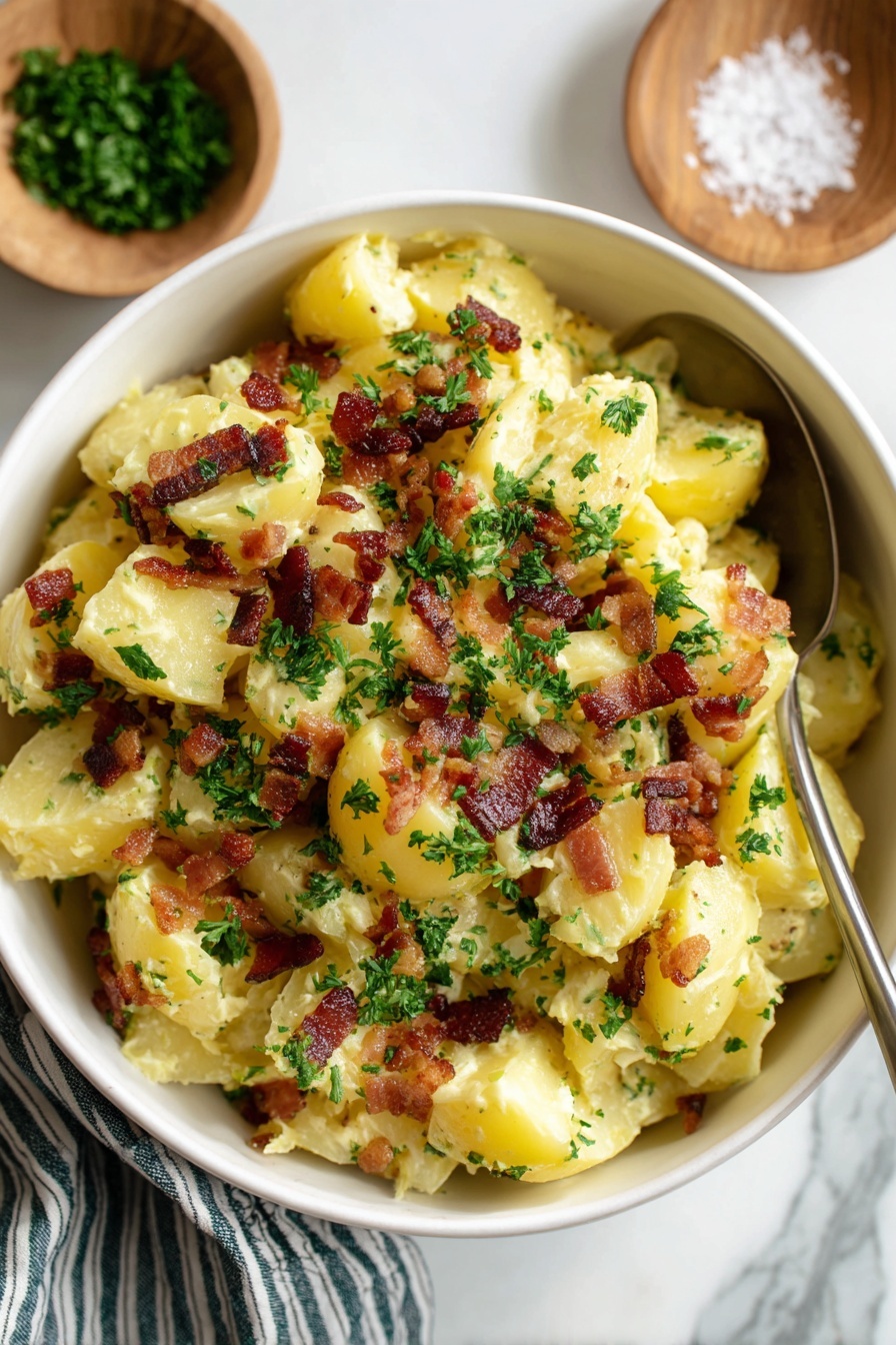 A white bowl filled with a potato salad that has three main layers: the bottom layer is soft yellow potato pieces, the middle layer has small crispy dark brown bacon bits scattered evenly, and the top layer is sprinkled with finely chopped bright green parsley. A silver spoon is partly visible on the right side inside the bowl. The bowl is placed on a white marbled surface with a small wooden bowl of salt and some green herbs nearby. Photo taken with an iphone --ar 2:3 --v 7