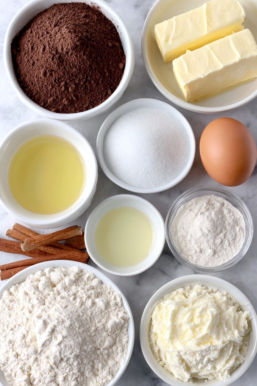 Flat lay of a small white ceramic bowl of hot brewed coffee, a small white ceramic bowl of unsweetened natural cocoa powder, a small white ceramic bowl of all-purpose flour, a small white ceramic bowl of fine sea salt, a small white ceramic bowl of granulated sugar, a small white ceramic bowl of fresh vegetable oil, a small white ceramic bowl with melted unsalted butter, one large whole brown egg with clean shell, a small white ceramic bowl of buttermilk, a small white ceramic bowl of red gel food coloring, a small white ceramic bowl of distilled white vinegar, a small white ceramic bowl of sifted powdered sugar, a small white ceramic bowl with softened cream cheese block, a small white ceramic bowl with softened unsalted butter, and a few sprigs of cinnamon sticks placed on a clean white marble surface, soft natural light, photo taken with an iPhone, professional food photography style, fresh ingredients, white ceramic bowls, no bottles, no duplicates, no utensils, no packaging --ar 2:3 --v 7 --p m7354615311229779997