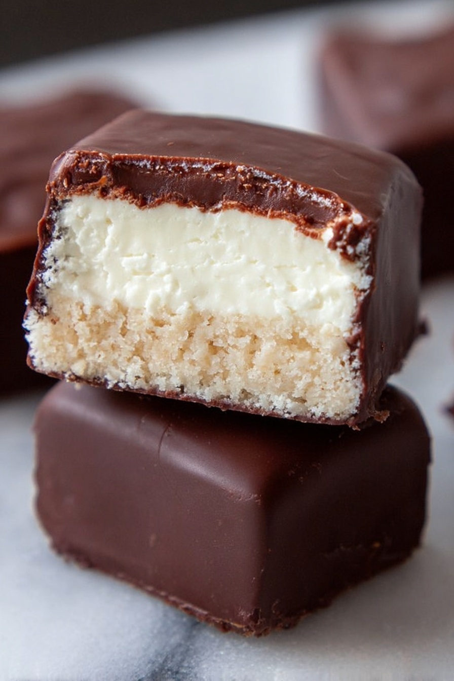 A close-up of a chocolate-covered square treat with three clear layers: the bottom layer is a crumbly, light brown base; the middle layer is thick, white, and creamy with a smooth texture; the top layer is a rich, smooth dark chocolate coating that covers the entire piece, slightly glossy and cracked where it is bitten. This piece rests on top of another whole piece, all placed on a white marbled surface. Photo taken with an iphone --ar 2:3 --v 7