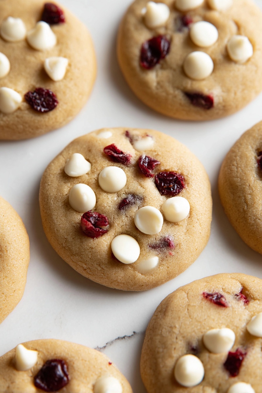 The image shows several soft, round cookies laid out on a white marbled surface. Each cookie is light brown with a slightly smooth texture and soft edges. On top of the cookies, there are small, white chocolate chips placed in uneven spots, along with dark red dried fruit pieces, likely cranberries, scattered between the white chips. The cookies are close to each other, filling the frame with a cozy, homemade feeling. photo taken with an iphone --ar 2:3 --v 7