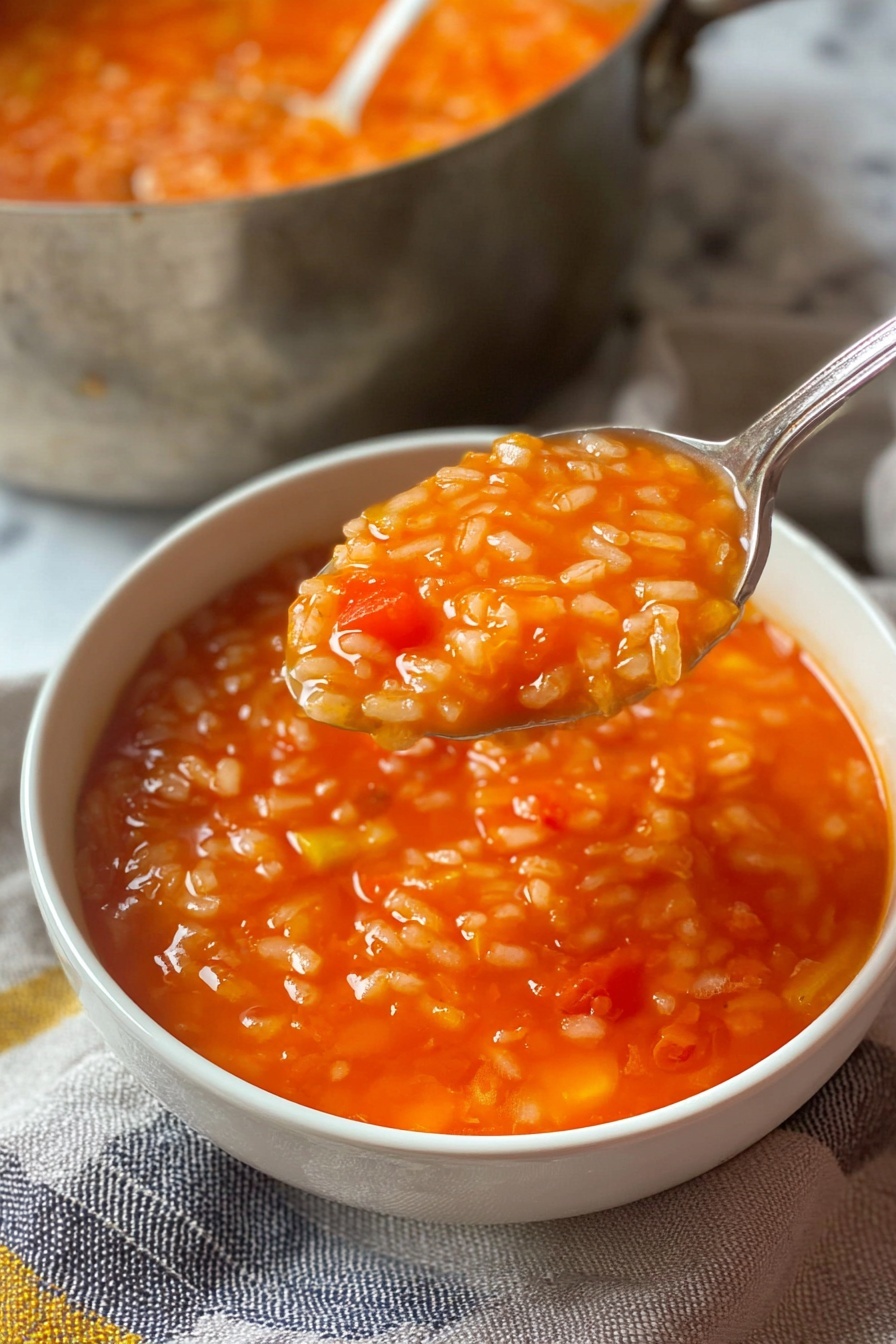 A close-up of thick tomato rice soup in a white bowl, filled to the top with bright orange-red broth mixed with soft rice grains and small bits of vegetables. The texture is slightly chunky and creamy. A silver spoon holds a big spoonful of the soup above the bowl, showing the glossy, hearty mix. The bowl sits on a folded cloth with soft grey, white, yellow, and dark blue stripes on a white marbled surface. In the background is a metal pot, partially blurred, also filled with the orange-rich soup. Photo taken with an iphone --ar 2:3 --v 7