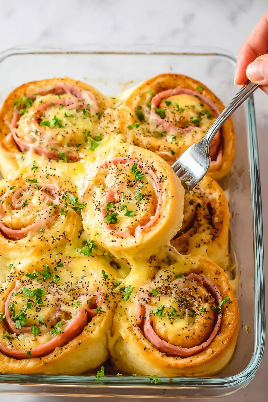This image shows a close-up of a stack of two folded layered rolls of a light golden yellow flaky dough with black poppy seeds sprinkled on top. Inside the roll layers, there is thin pale pink ham with slightly browned edges and creamy melted yellow cheese that looks soft and stretchy. Small bright green chopped herbs are scattered across the rolls and the white plate they rest on. In the blurred background, there is a glass container with more rolls visible on a white marbled surface. Photo taken with an iphone --ar 2:3 --v 7