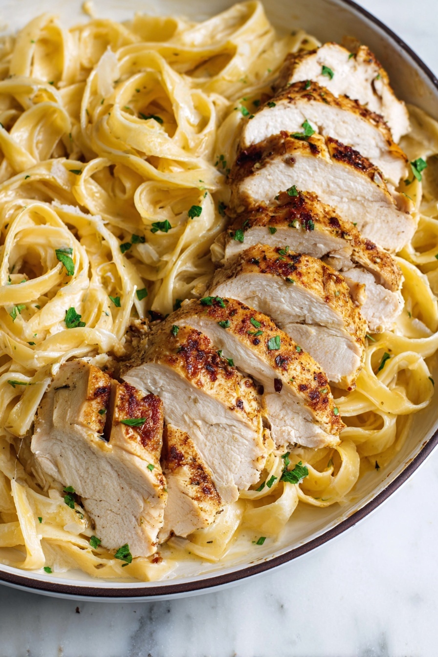The dish shows a layer of creamy fettuccine pasta at the bottom, which is light yellow with a smooth texture and slightly curled edges. On top, there are several slices of cooked chicken, arranged partially overlapping in curved rows; the chicken is golden brown on the outside with a juicy, white interior. Small green herbs are sprinkled over the chicken and pasta, adding a fresh touch. The food is served in a white bowl with a thin dark rim, placed on a white marbled surface. photo taken with an iphone --ar 2:3 --v 7