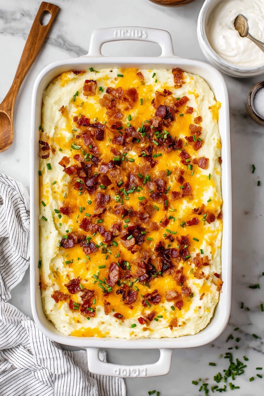 A white rectangular dish shows a layered mashed potato casserole. The bottom layer is creamy, smooth mashed potatoes in pale yellow-white color. On top, there is a layer of bright orange melted cheese spread unevenly. Over the cheese, there is a generous layer of crispy, small brown bacon pieces scattered across the surface. Some small green chopped chives are sprinkled on top for color. A metal spoon with a wooden handle scoops a portion of the casserole from one corner. The background has a white marbled texture. photo taken with an iphone --ar 2:3 --v 7