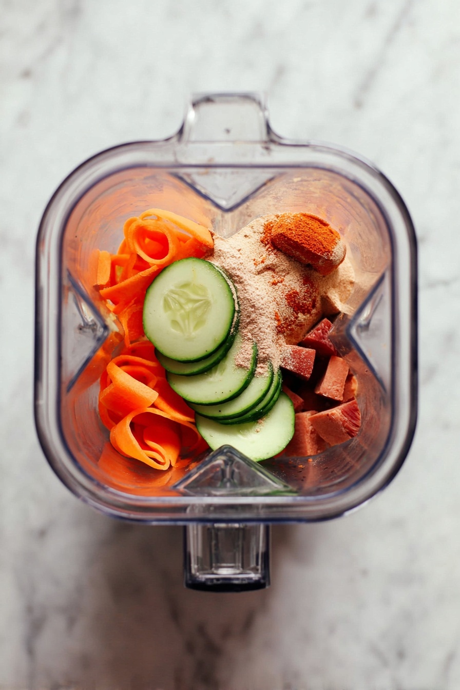 The image shows two short, clear glasses filled with a thick green smoothie that has a slightly shiny texture. Both glasses are on a white marbled surface. The green smoothie has a sprinkle of orange powder on top as decoration. Behind the glasses, there are fresh vegetables including a sliced zucchini, a whole carrot, ginger pieces, and red chili, some placed on a wooden cutting board. A spoon with orange powder rests on the surface near the front glass. There are also a few fresh spinach leaves scattered around. One glass is placed on a soft, pink cloth to the right. The background is simple with white tiled walls. Photo taken with an iphone --ar 2:3 --v 7